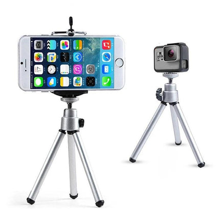 Tripod for Daily Phone Photography at Home and on Trips — compact silver mini tripod holding smartphone and action camera for steady shots