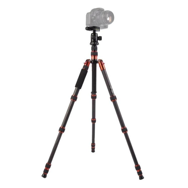 Triopo Carbon Fiber Tripod with Adjustable Ball Head shown fully extended with camera mounted for travel and outdoor photography