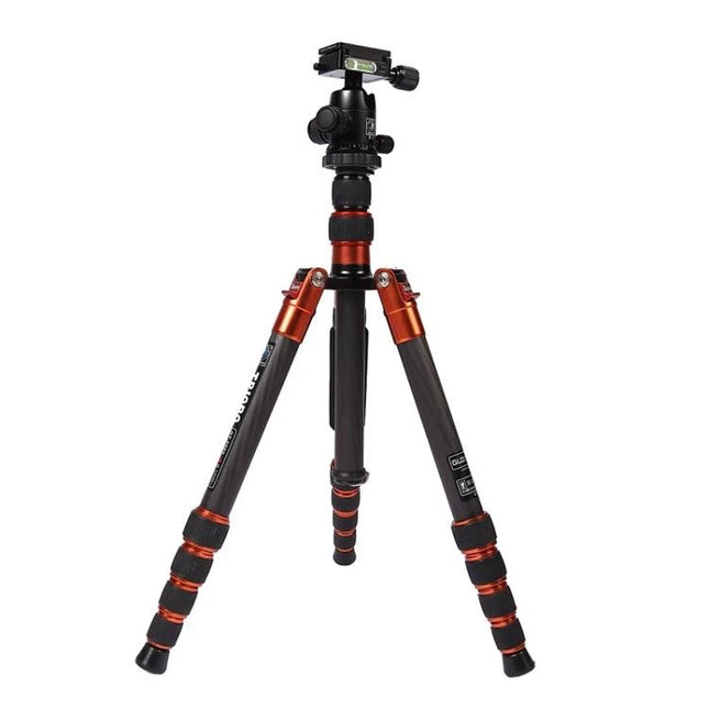 Triopo Carbon Fiber Tripod with Adjustable Ball Head shown extended with carbon fiber legs and red accents for travel and studio use