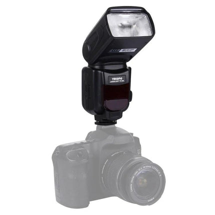 Triopo Flash Speedlite for Canon and Nikon DSLRs mounted on DSLR showing adjustable head and flash unit