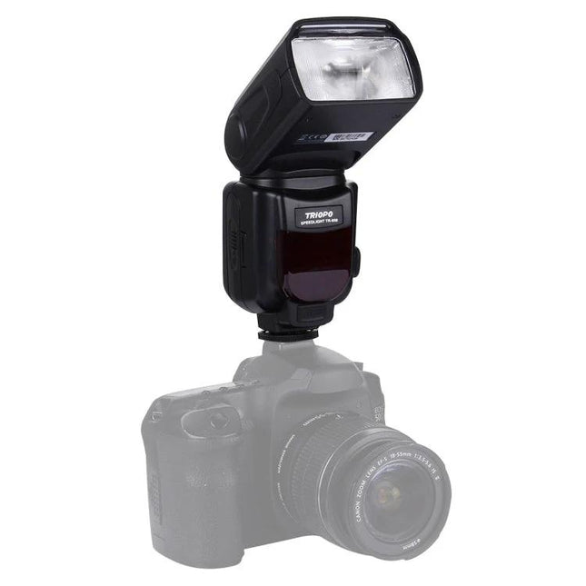 Triopo Flash Speedlite for Canon and Nikon DSLRs mounted on DSLR camera, adjustable head and quick-recycle external flash