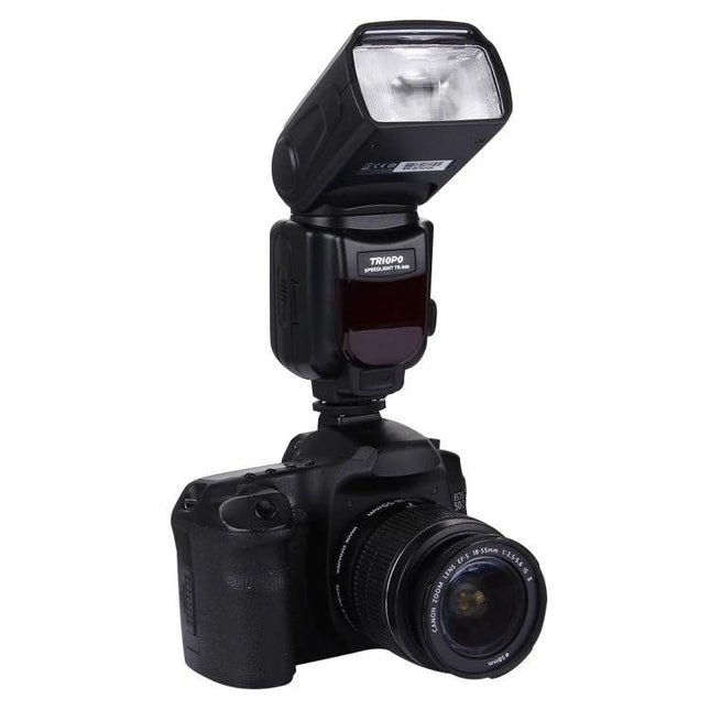 Triopo Flash Speedlite for Canon and Nikon DSLRs mounted on DSLR camera, adjustable head and quick recycling for low-light portraits