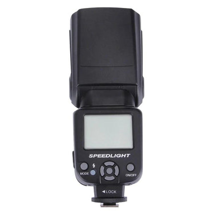 Triopo Flash Speedlite for Canon and Nikon DSLRs external flash unit shown from front with LCD controls and hotshoe mount
