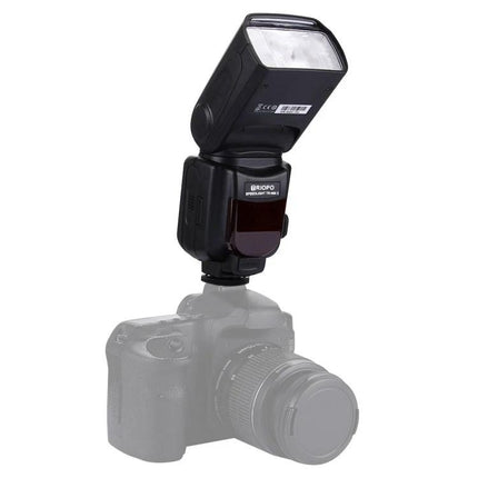 Triopo Flash Speedlite for Canon and Nikon DSLR Cameras mounted on DSLR illustrating adjustable head and flash unit