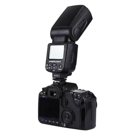 Triopo Flash Speedlite for Canon and Nikon DSLR Cameras mounted on DSLR showing adjustable head and controls for low-light photography