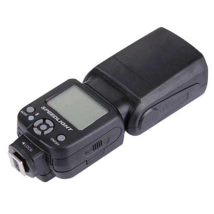 Triopo Flash Speedlite for Canon and Nikon DSLR Cameras - external flash unit shown with LCD, controls and hot shoe