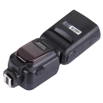 Triopo Flash Speedlite for Canon and Nikon DSLR Cameras shown angled on white background, external flash unit with hot shoe mount