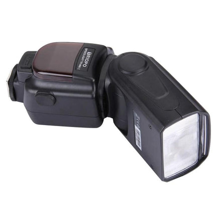 Triopo Flash Speedlite for Canon and Nikon DSLR Cameras external flash unit angled on white background demonstrating head and controls