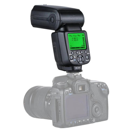 Triopo Flash Speedlite for Canon and Nikon DSLR Cameras mounted on camera, LCD controls visible
