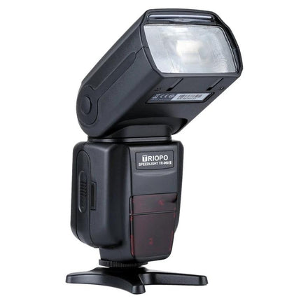 Triopo Flash Speedlite for Canon and Nikon DSLR Cameras external flash unit on stand, tilt head and control panel visible