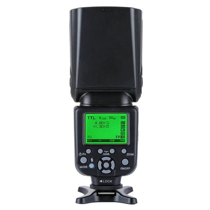 Triopo Flash Speedlite for Canon and Nikon DSLR Cameras on stand with LCD display showing TTL settings