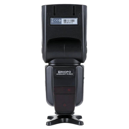 Triopo Flash Speedlite for Canon and Nikon DSLR Cameras shown front view on stand, external flash unit for portraits and low-light shooting