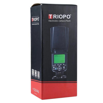Triopo Flash Speedlite for Canon and Nikon DSLR Cameras - boxed electronic camera flash showing LCD and controls
