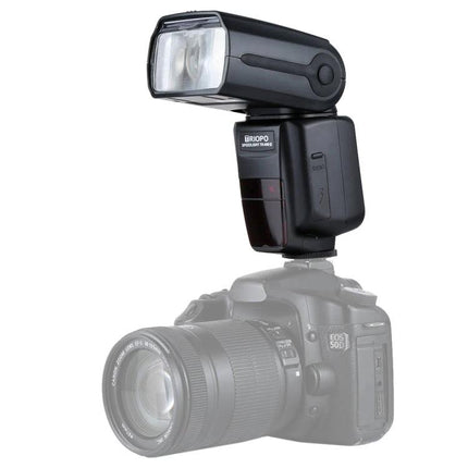 Triopo Flash Speedlite for Canon and Nikon DSLR Cameras mounted on DSLR showing adjustable head and hotshoe connection