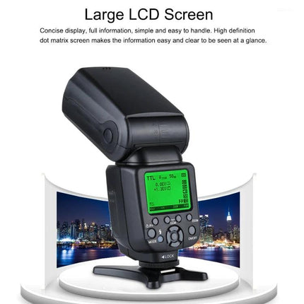 Triopo Flash Speedlite for Canon and Nikon DSLR Cameras shown with large LCD screen and control buttons on display