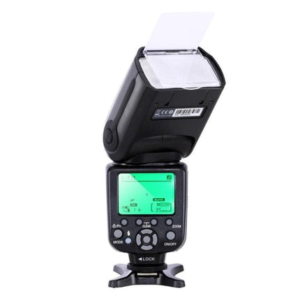Triopo Universal Flash for Canon and Nikon DSLR Cameras on stand with swivel head and diffuser, LCD controls visible
