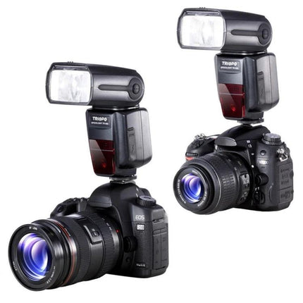 Triopo Universal Flash for Canon and Nikon DSLR Cameras mounted on DSLR demonstrating external lighting for portraits and low-light event photography