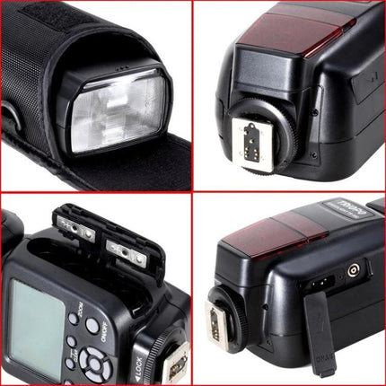 Triopo Universal Flash for Canon and Nikon DSLR Cameras - 4-view product closeups showing flash head, hot shoe, controls, and ports