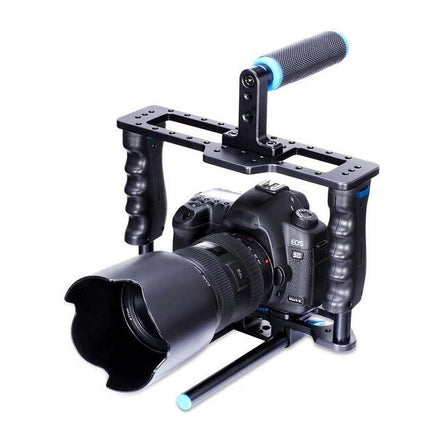 Yelangu Protective Handle Stabilizer for DSLR Cameras mounted on a DSLR rig for handheld shooting, showing grips, top handle and lens hood