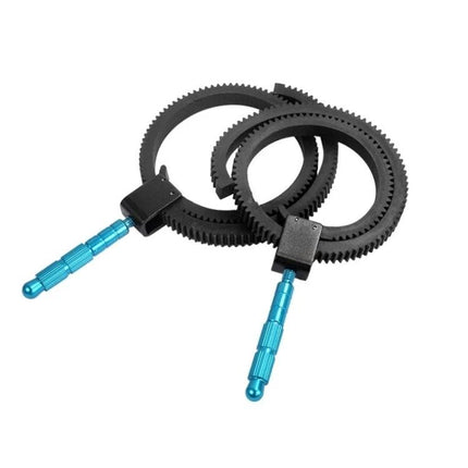 Set of 2 Rubber Hand Grips for Camera Lens Follow Focus Use - black rubber rings with blue aluminum handles for steady handheld focusing