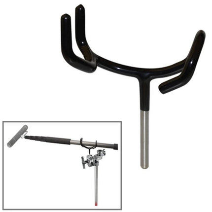 Metal Stand for Holding Microphone Booms During Home Recordings - black metal boom holder for podcasting and home studio setups
