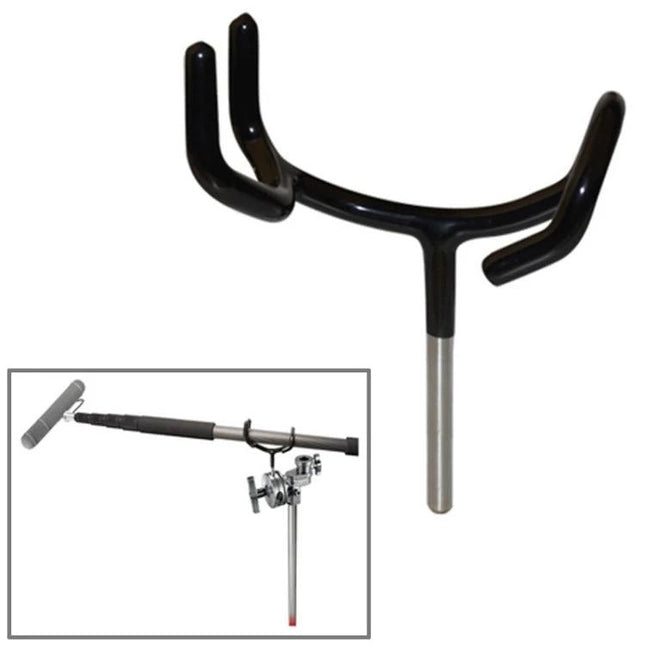 Metal Stand for Holding Microphone Booms During Home Recordings - black metal boom holder for podcasting and home studio setups