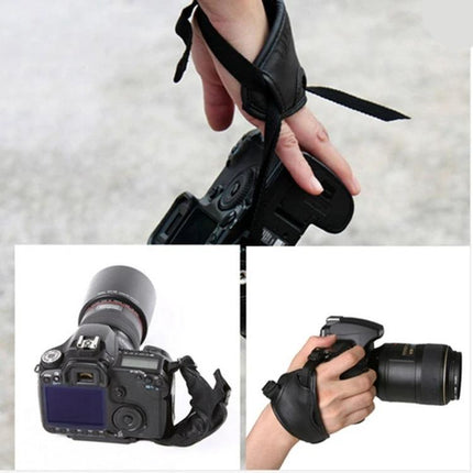 Comfortable PU Leather Wrist Strap for Camera Security - black padded wrist strap shown attached to DSLR for secure one-handed shooting