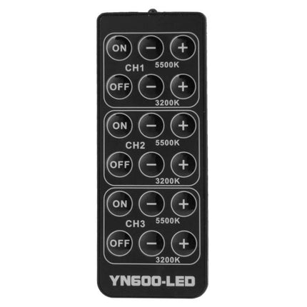 Yongnuo LED Video Light for Canon, Nikon, and Sony DSLR Cameras remote control showing channel and color temp buttons