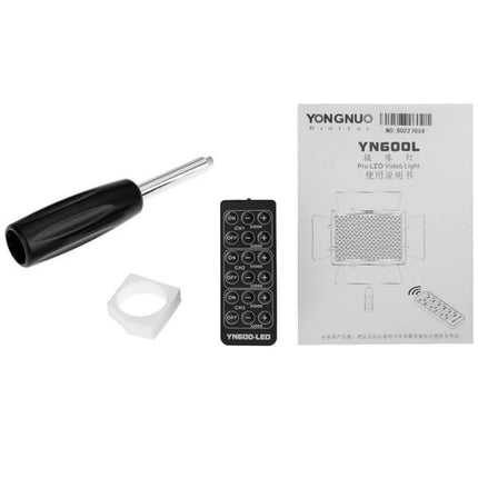 Yongnuo LED Video Light for Canon, Nikon, and Sony DSLR Cameras with remote, mount adapter and user manual for adjustable studio lighting