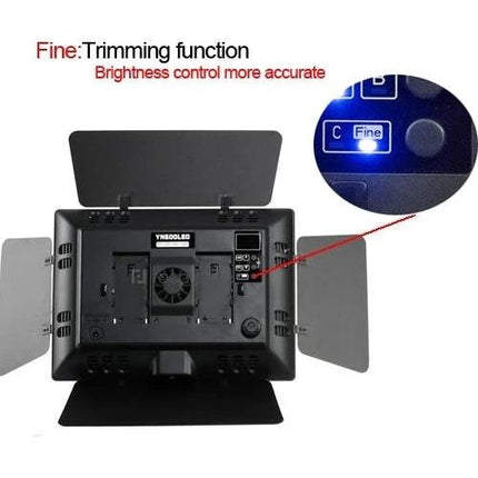Yongnuo LED Video Light for Canon, Nikon, and Sony DSLR Cameras showing rear controls, barn doors, and fine brightness adjustment