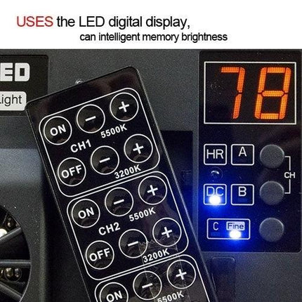 Yongnuo LED Video Light for Canon, Nikon, and Sony DSLR Cameras remote control and LED digital display showing brightness and color temperature