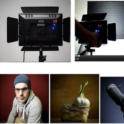Yongnuo LED Video Light for Canon, Nikon, and Sony DSLR Cameras mounted on a stand with barn doors and sample portrait and still-life shots