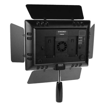 Yongnuo LED Video Light for Canon, Nikon, and Sony DSLR Cameras showing rear controls, barn doors, and battery mounts for adjustable on-camera lighting