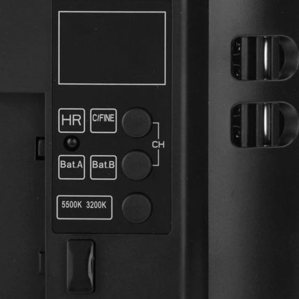 Yongnuo LED Video Light for Canon, Nikon, and Sony DSLR Cameras close-up control panel showing 5500K/3200K and battery indicators
