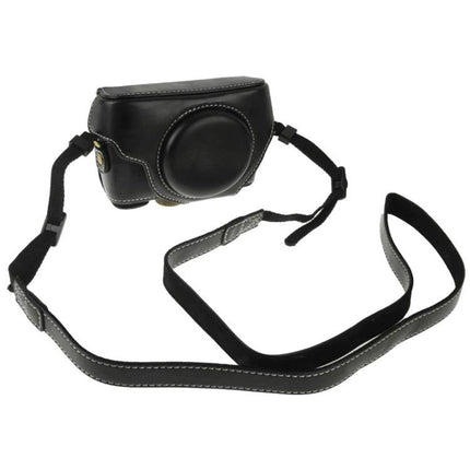 Retro Style PU Leather Camera Case for Sony RX100 Cameras in black with shoulder strap and magnetic snap closure