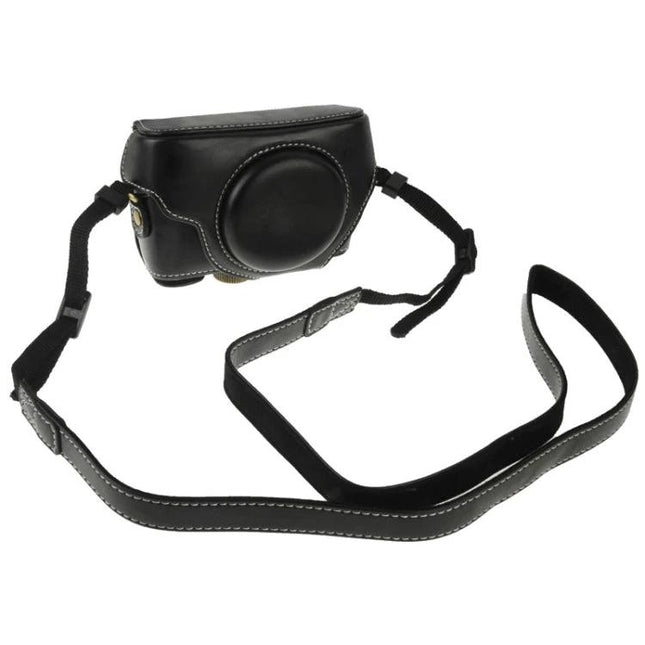 Retro Style PU Leather Camera Case for Sony RX100 Cameras in black with shoulder strap and magnetic snap closure