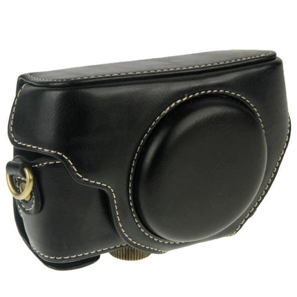 Retro Style PU Leather Camera Case for Sony RX100 Cameras in black with magnetic snap, padded lens cover and contrast stitching