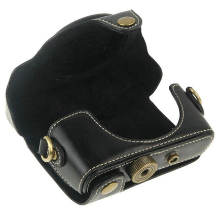 Retro Style PU Leather Camera Case for Sony RX100 Cameras in black with magnetic snap closure and stitched trim