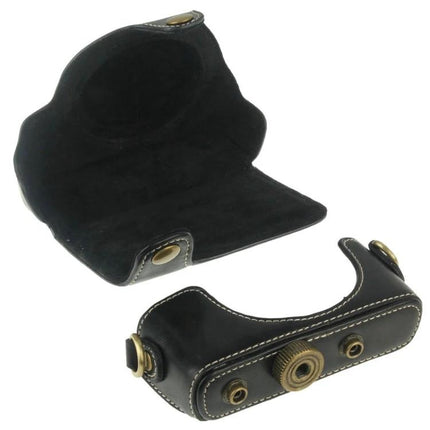 Retro Style PU Leather Camera Case for Sony RX100 Cameras black vintage half-case with magnetic snap closure and brass hardware