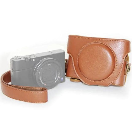 Retro Style PU Leather Camera Case for Sony RX100 Cameras shown in brown with matching wrist strap and magnetic snap closure