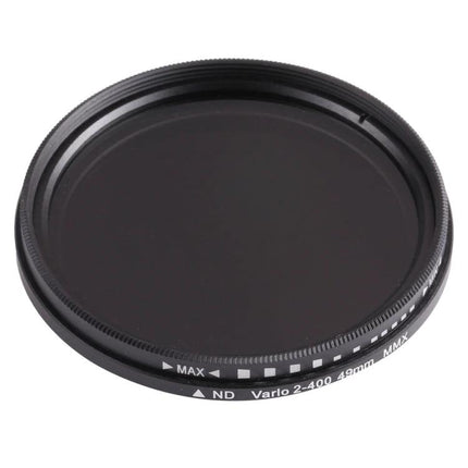 49mm Adjustable Neutral Density Filter for Photography Use — black variable ND filter showing markings and frame