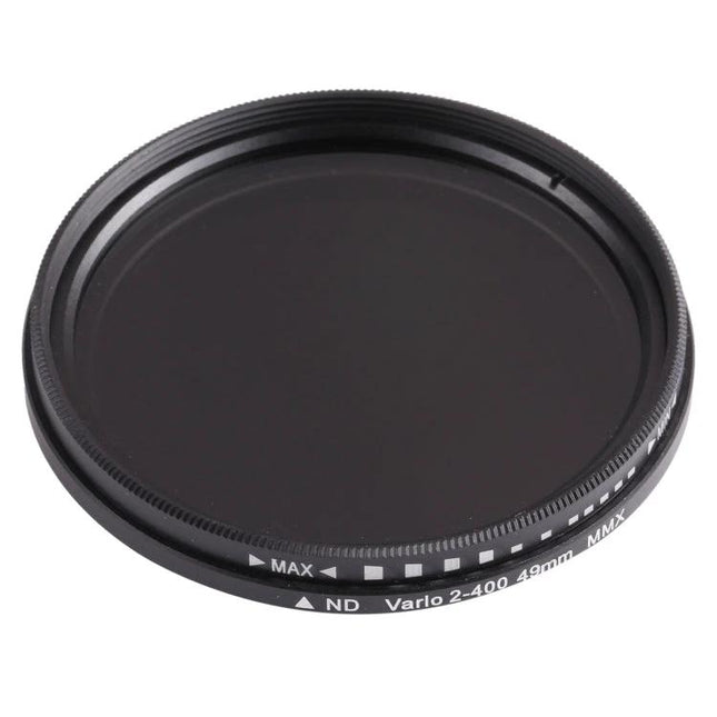 49mm Adjustable Neutral Density Filter for Photography Use — black variable ND filter showing markings and frame