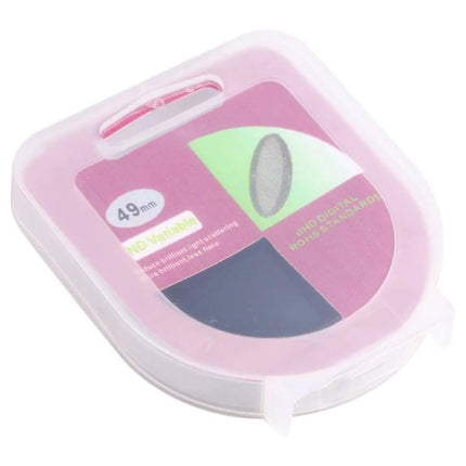 49mm Adjustable Neutral Density Filter for Photography Use in protective pink case showing 49mm label