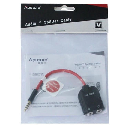 Aputure Y-Splitter Cable for Mobile Audio Recording Sessions packaged red cable with TRRS plug and dual 3.5mm jacks for musicians podcasters