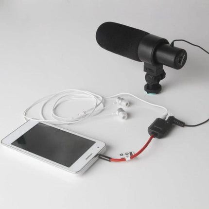 Aputure Y-Splitter Cable for Mobile Audio Recording Sessions connected to smartphone, microphone and earbuds for monitoring and recording