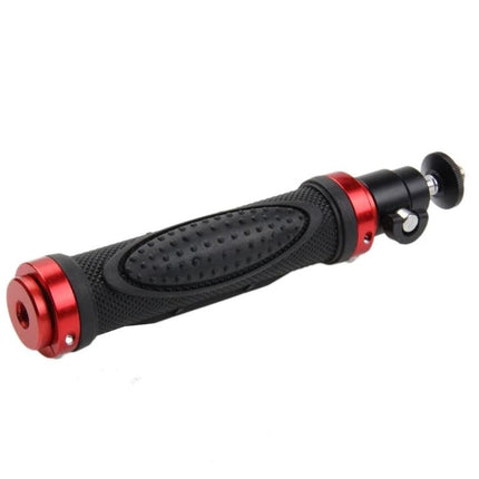 Portable Camera Handle Grip with Tripod Ball Head for Stability - black textured grip with red accents for steady handheld video