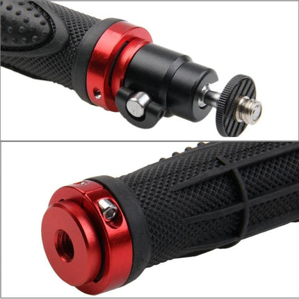 Portable Camera Handle Grip with Tripod Ball Head for Stability — red-accent rubber grip with screw mount for steady handheld photography