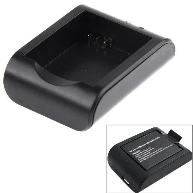 Portable USB Travel Charger for Action Camera Batteries shown in black single-slot USB battery charger for action camera batteries