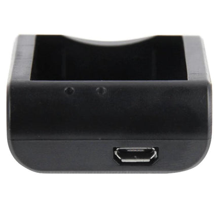 Portable USB Travel Charger for Action Camera Batteries showing black single-bay charger with micro-USB port for on-the-go charging