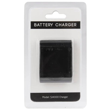 Portable USB Travel Charger for Action Camera Batteries in retail blister pack showing black battery charger model SJ4000